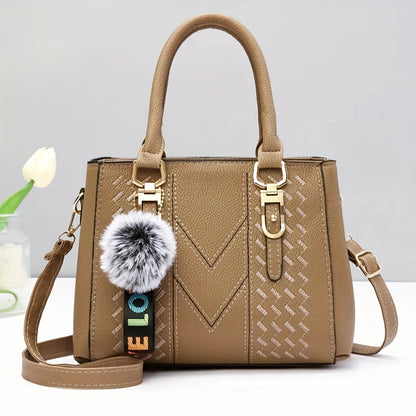 Elegant Women's Fashion Tote Bag With Pom-Pom Charm, Embroidered Faux Leather Handbag