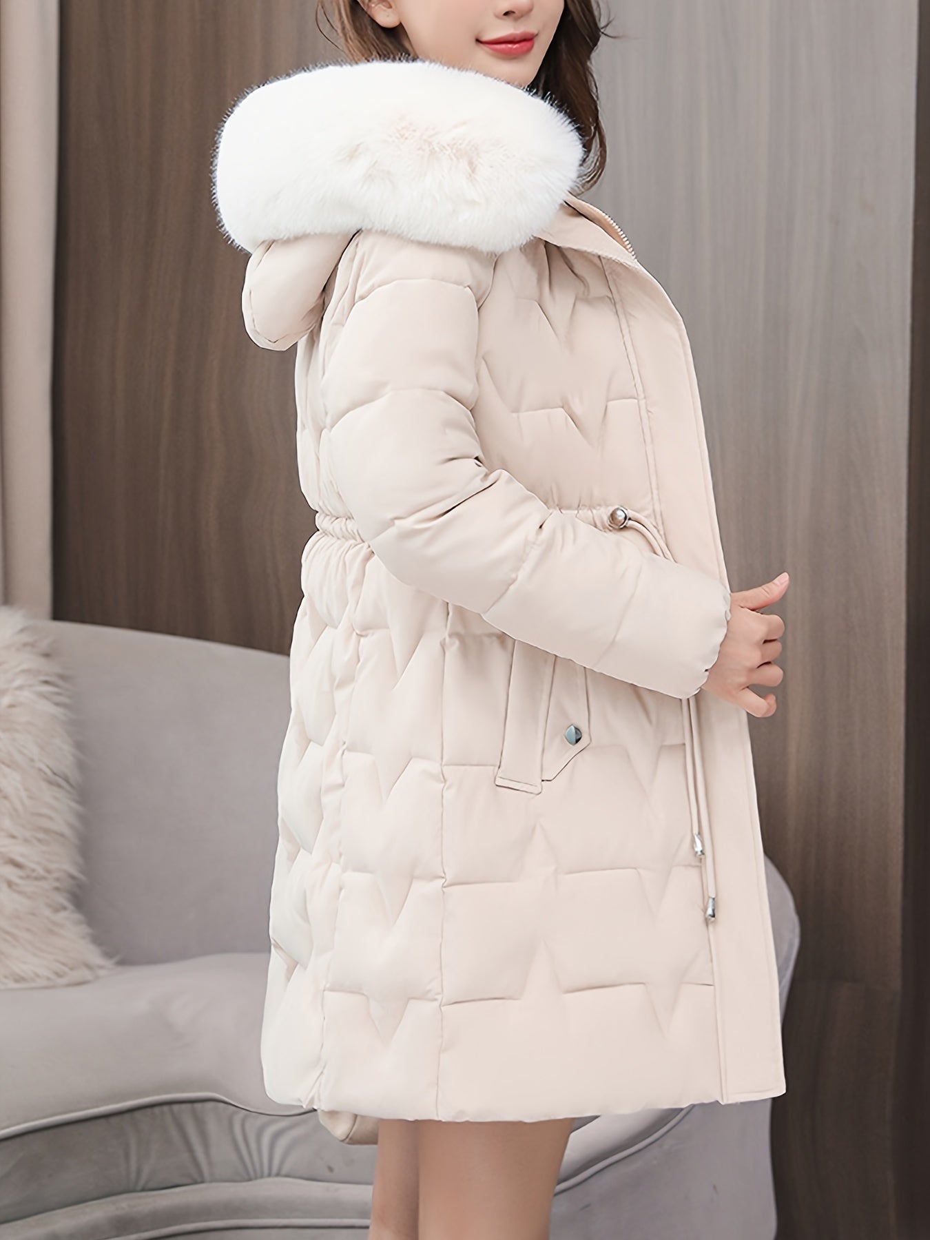 Elegant Women's Winter Coat with Detachable Hood - Long, Warm Puffer Jacket with Faux Fur Trim & Drawstring Waist