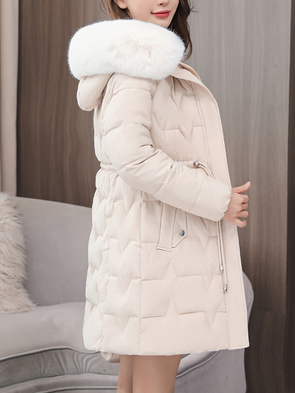 Elegant Women's Winter Coat with Detachable Hood - Long, Warm Puffer Jacket with Faux Fur Trim & Drawstring Waist