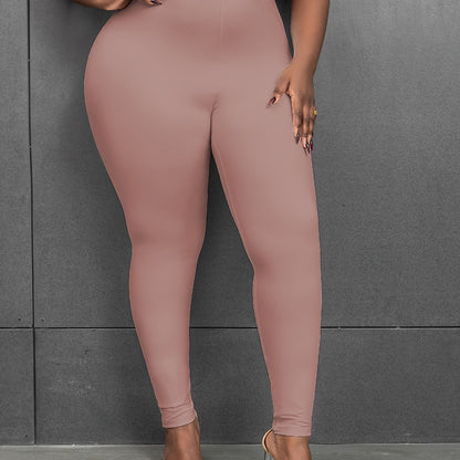 Plus Size Basic Leggings, Solid Elastic High Rise High Stretch