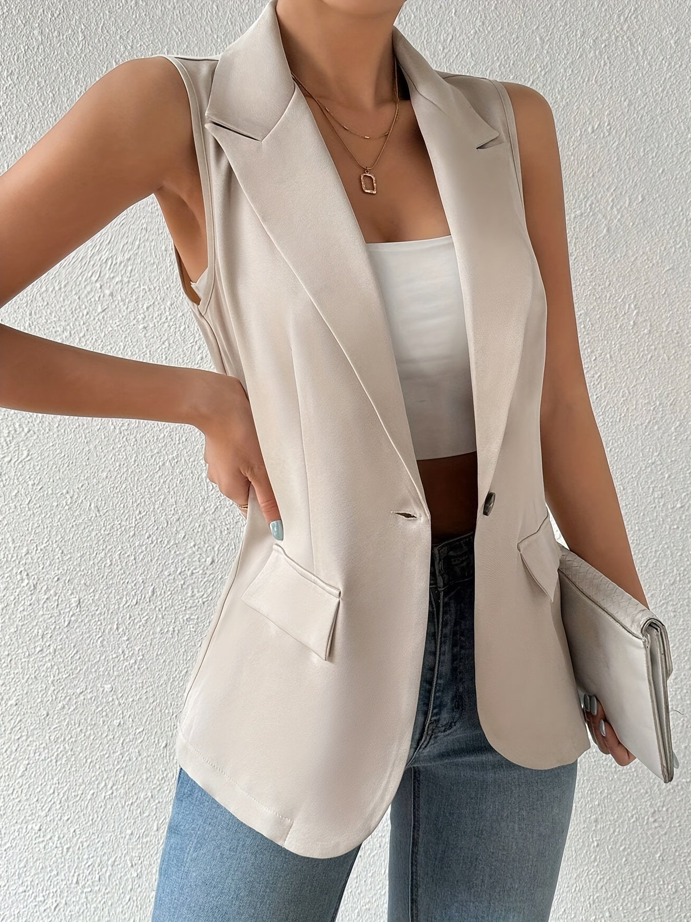 Chaleco elegante sin mangas con solapa: blazer para mujer con botones en el frente, color sólido, perfecto para primavera y otoño, ropa de moda para mujer para un look elegante