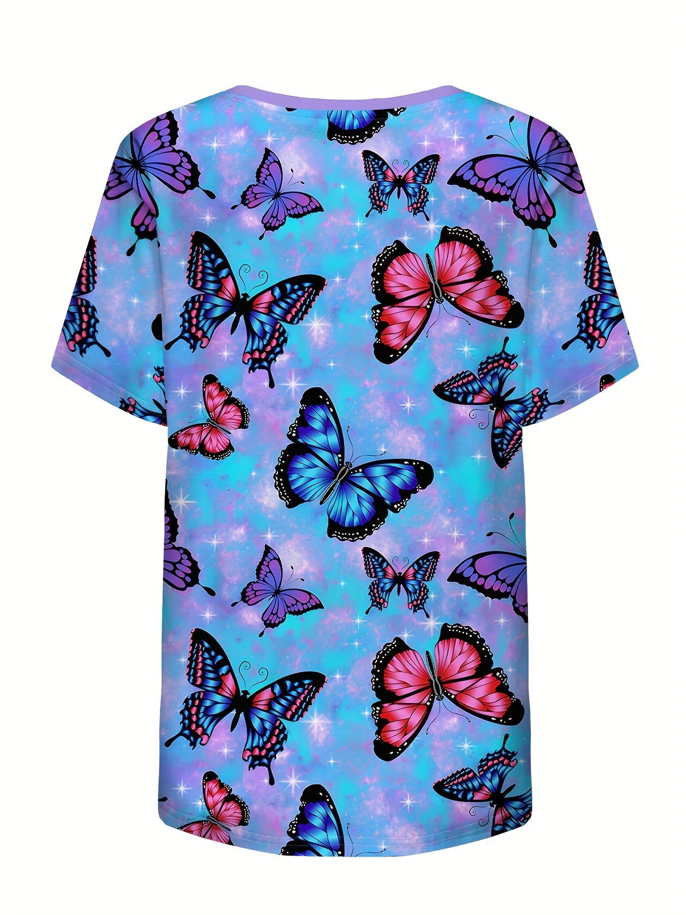 Women's Butterfly Print V-Neck Medical Scrub Top with Functional Pockets - Casual Polyester Healthcare Uniform