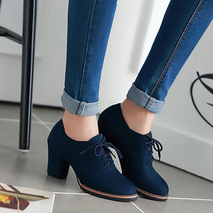 Comfy Chic Lace-Up Pumps - Solid Color, Round Toe, Chunky Heels, Breathable, Soft Insoles, Easy Slip-On Design, All-Match Office Shoes for Women