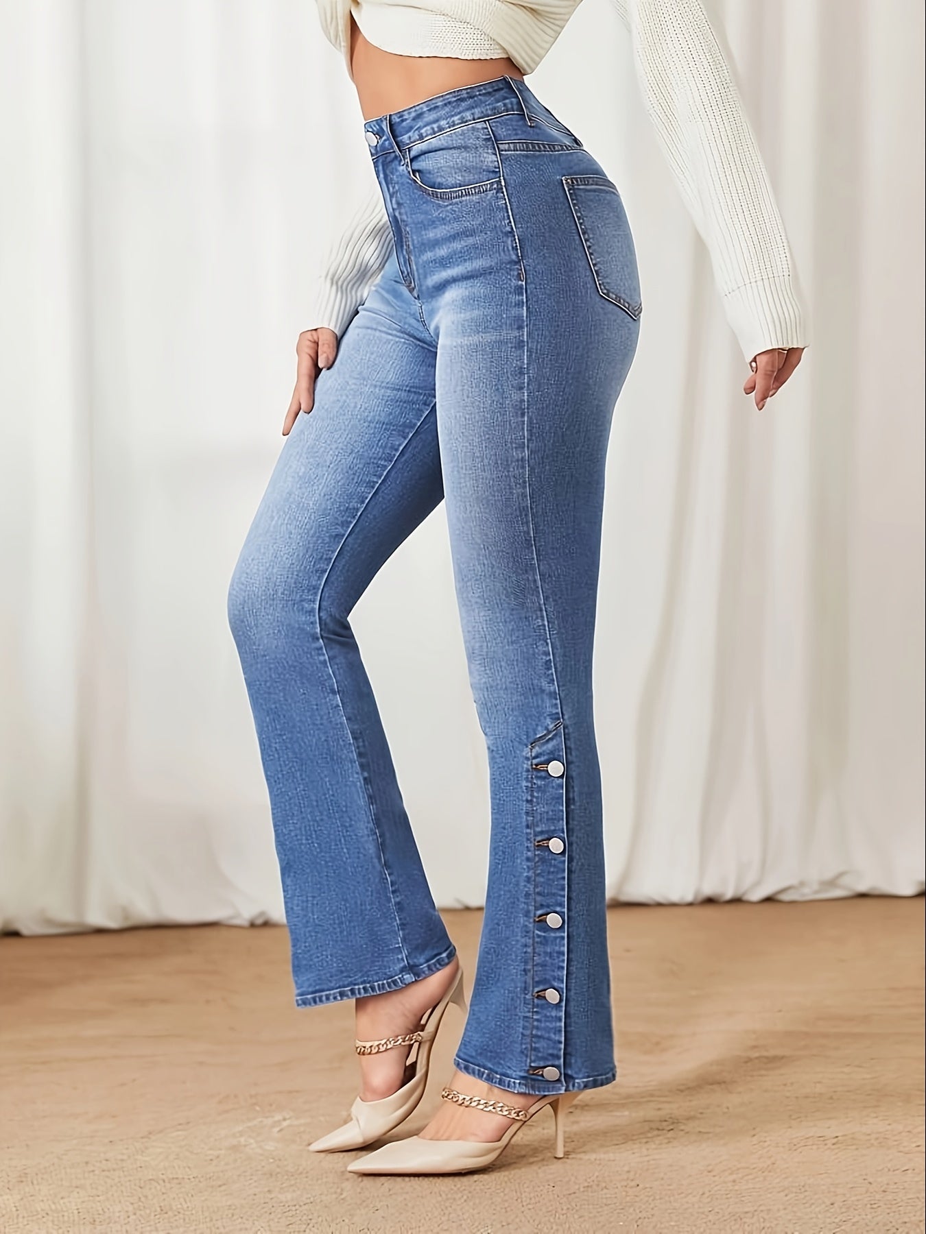 Plus Size Whisker Flare Leg Denim Pants - Stylish Split Side Buttons, Comfortable High-Waisted Jeans for Women - Fashionable Clothing for Curvy Figures