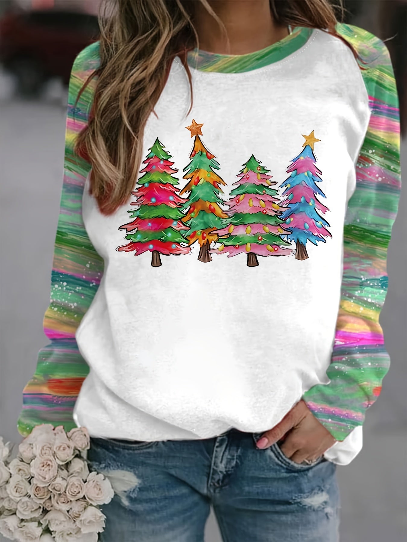 Christmas Colorful Tree Print Sweatshirt, Cute Color Block Crew Neck Sweatshirt, Women's Clothing