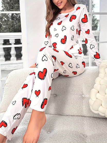 Cozy Heart Print Pajama Set for Women - Soft Long Sleeve Round Neck Top, Comfortable Relaxed Fit Pants, Perfect for Fall and Winter, Casual Lounge Wear for Home or Travel