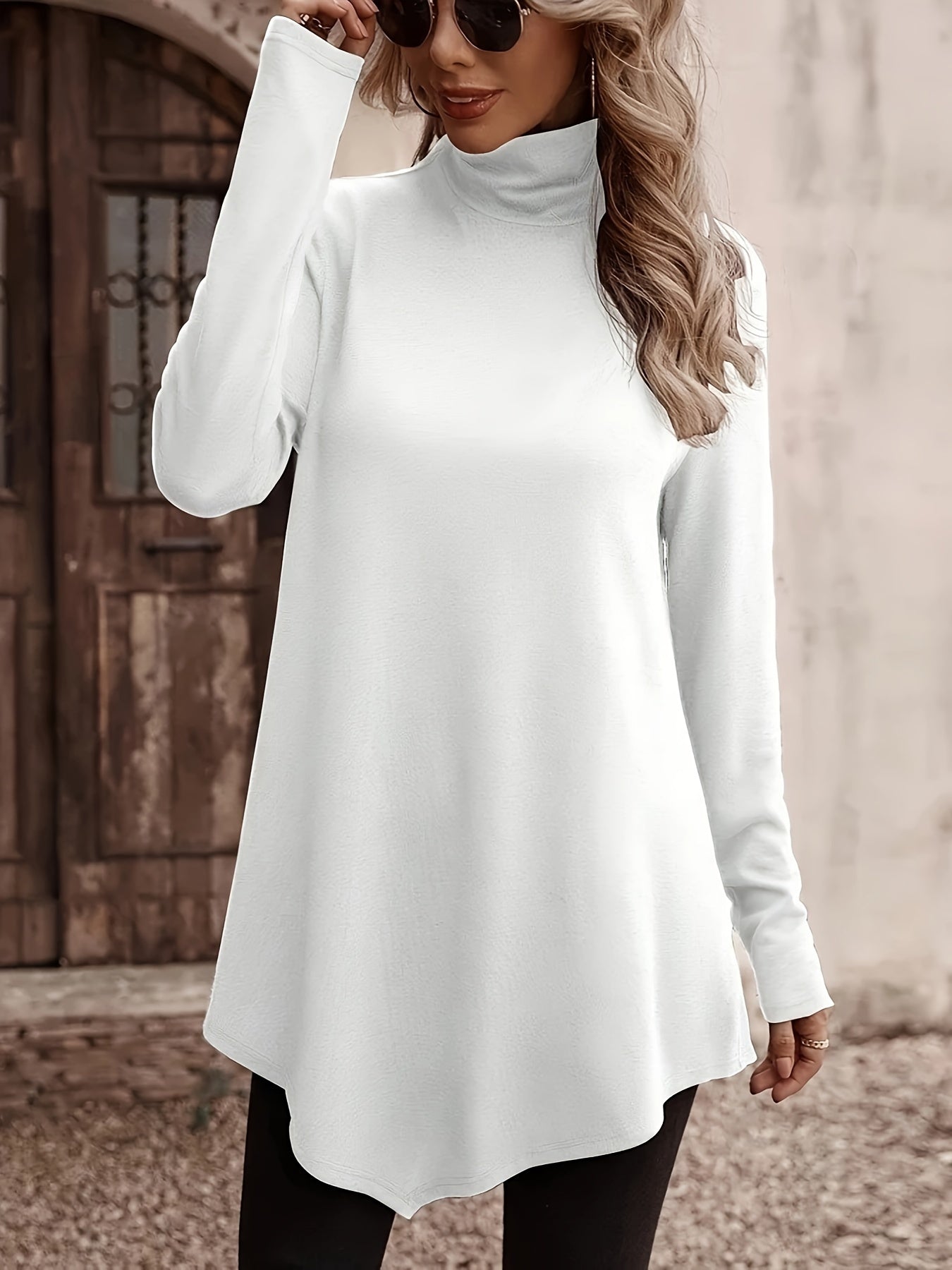 Plus Size Chic Tunic Top - Flattering Long Sleeves, Fashionable High Neck, Trendy Asymmetric Hem - Solid Color Casual Wear for Stylish Women