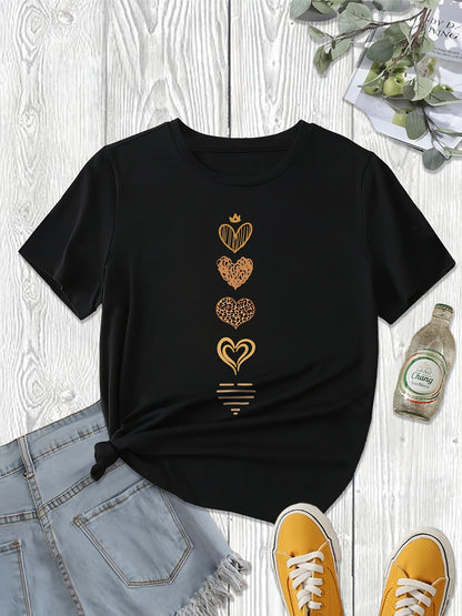 Camiseta de cuello redondo con estampado de corazones vibrantes: suave, transpirable, de manga corta, informal, cómoda, esencial para primavera y verano: ropa de moda femenina para uso diario