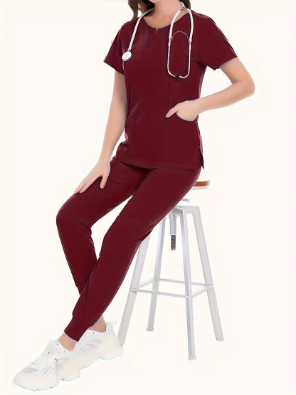 Two-Piece Comfortable Nurse Uniform Set - Soft, Slight Stretch, Crew Neck, Two Front Pockets, Drawstring Waist, Machine Washable, Easy Care