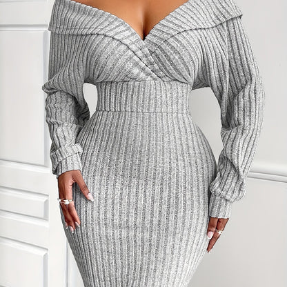 Ribbed Cinched Waist Tie Back Dress, Elegant Long Sleeve Dress For Spring & Fall, Women's Clothing