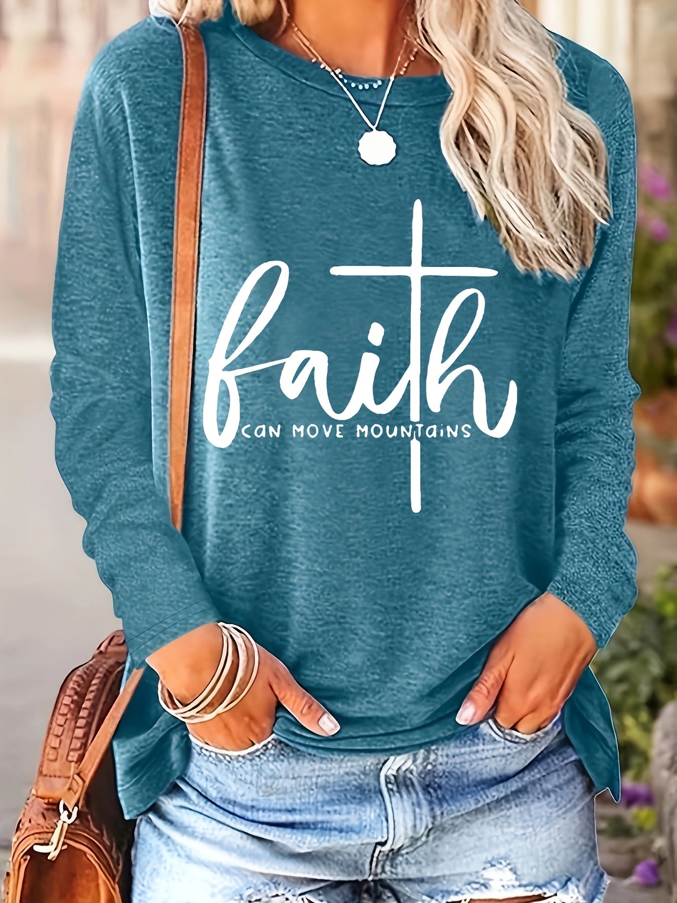 Faith-inspired Print Womens T-Shirt - Fashionable Crew Neck, Comfortable Long Sleeves for Spring & Fall - Versatile Casual Style - LuxyXO