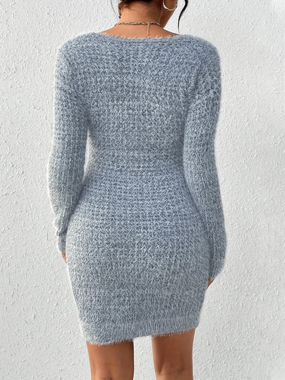 Fuzzy Slim Knitted Dress, Elegant Soft Long Sleeve Crew Neck Mini Dress For Fall & Winter, Women's Clothing