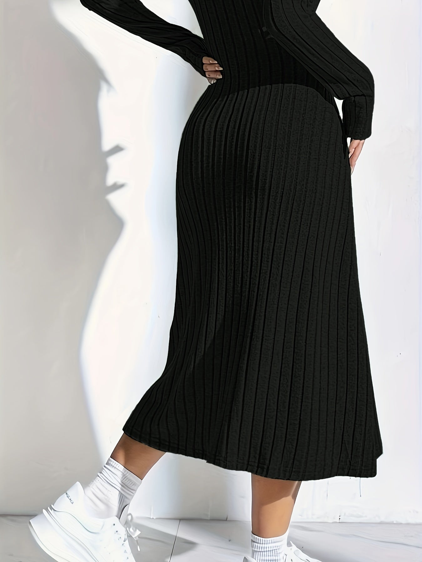 Women'S Ribbed Knit Long Sleeve Midi Dress, Casual Collar, Solid Color, Polyester, Fitted for Spring/Summer/Fall