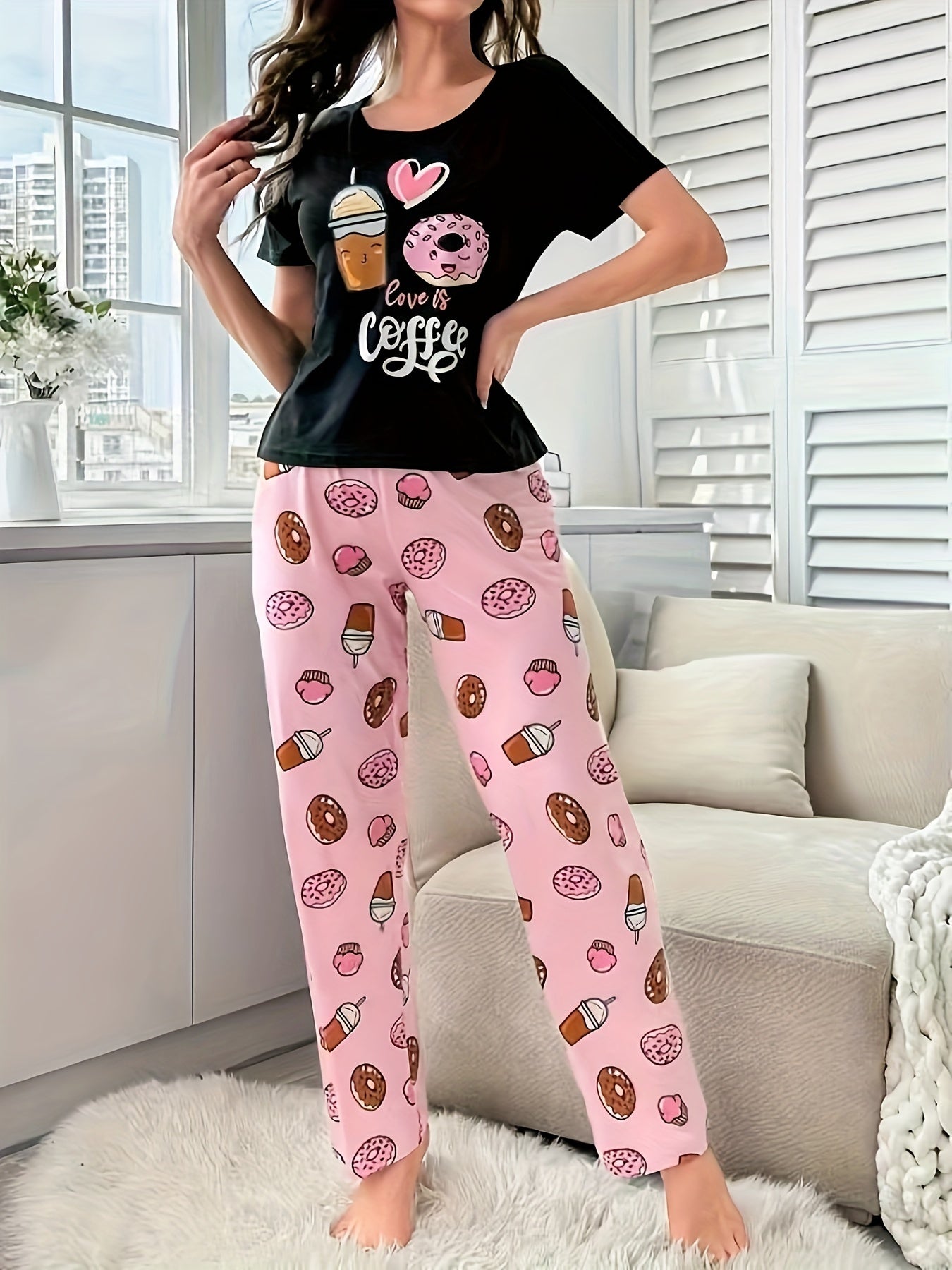 Chic Coffee & Donut Print Pajama Set - Comfy Short Sleeve & Stretch Waist Sleepwear for Women