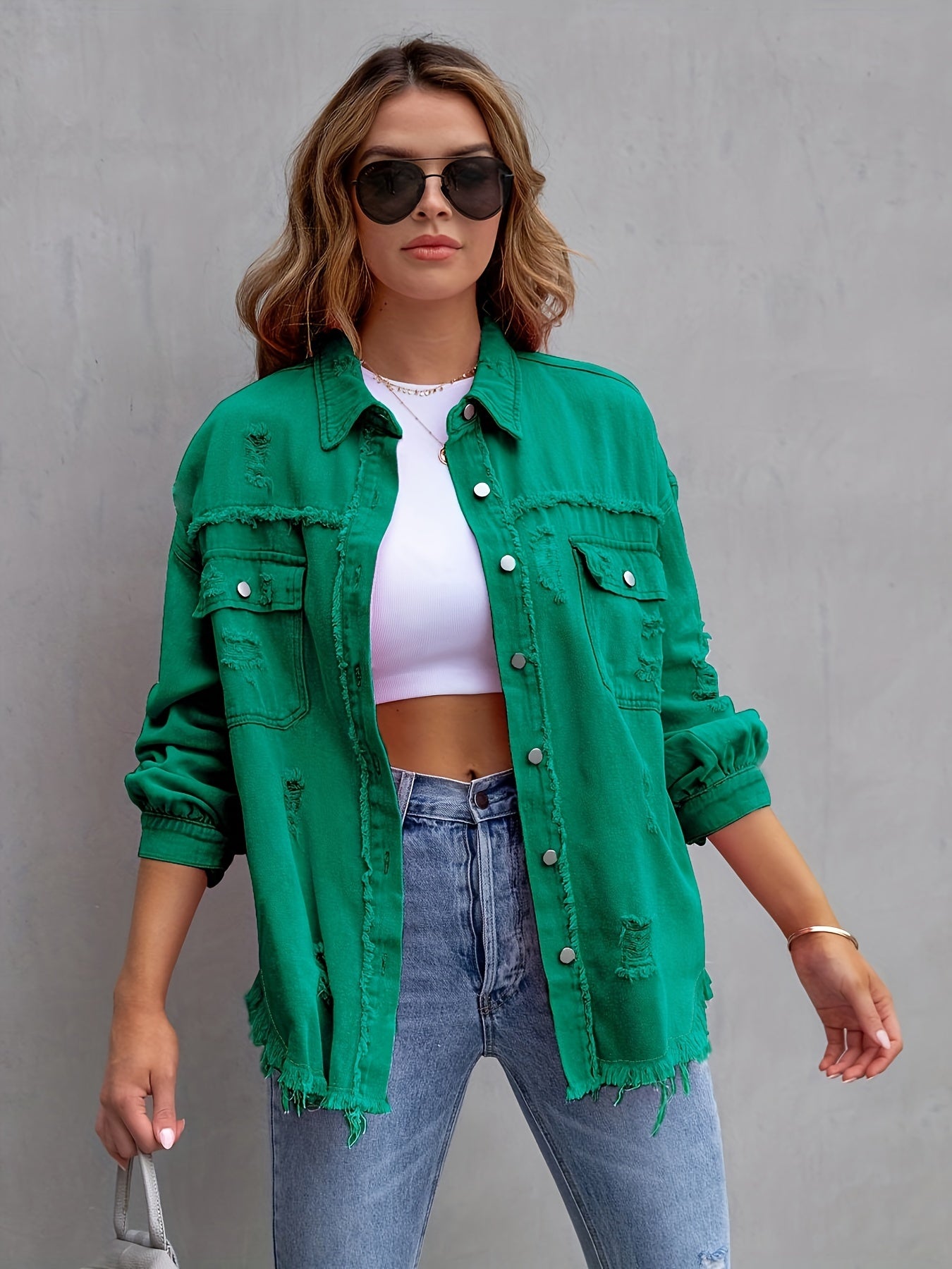 Plus-Size Distressed Denim Blazer Jacket for Women - Ripped Knee, Relaxed Fit, Casual Chic Style - Perfect for Summer Outings and Streetwear Fashion