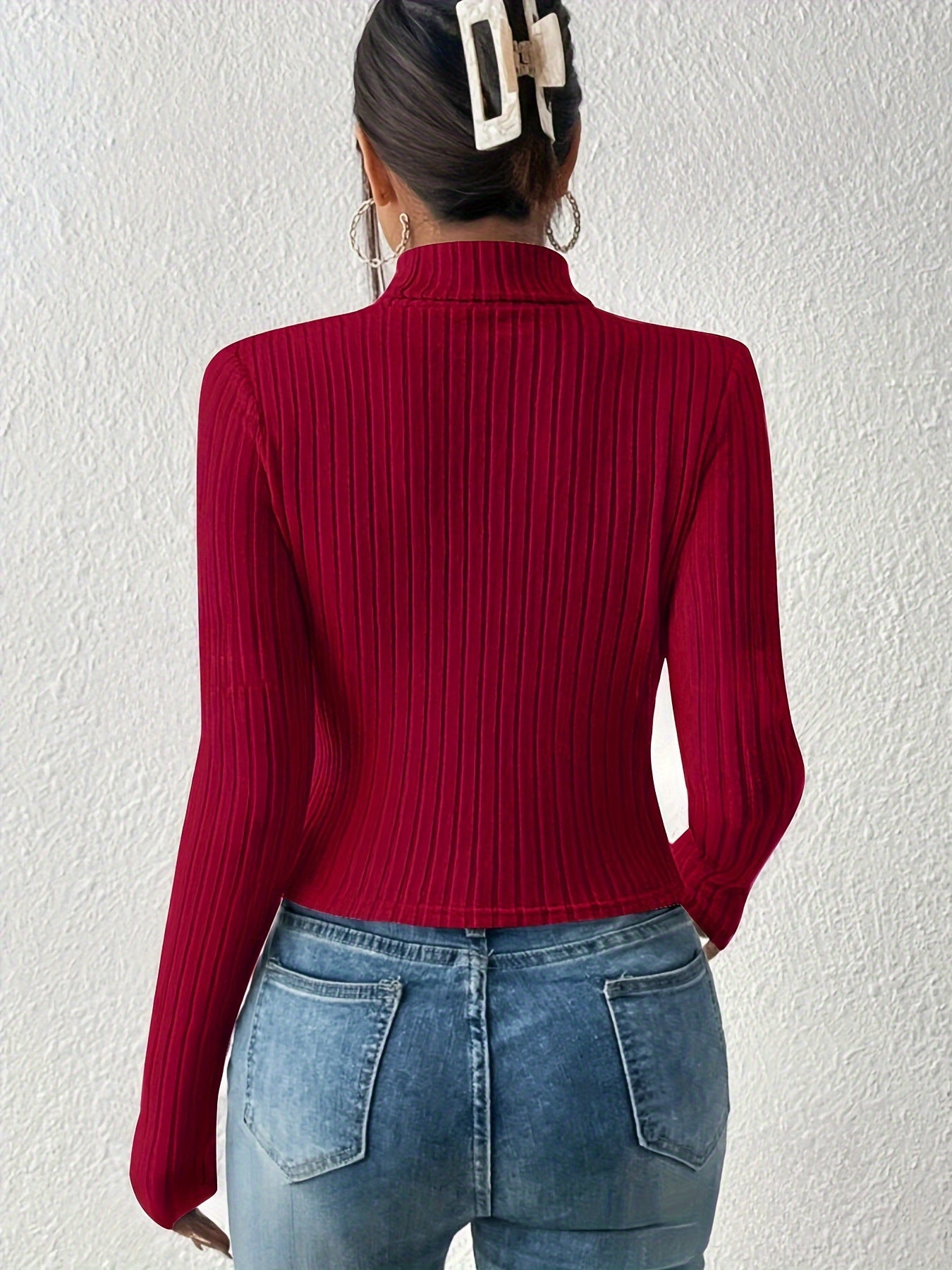 Cut Out Knitted Long Sleeve Shirt, Casual Rib Knit Turtle Neck Top