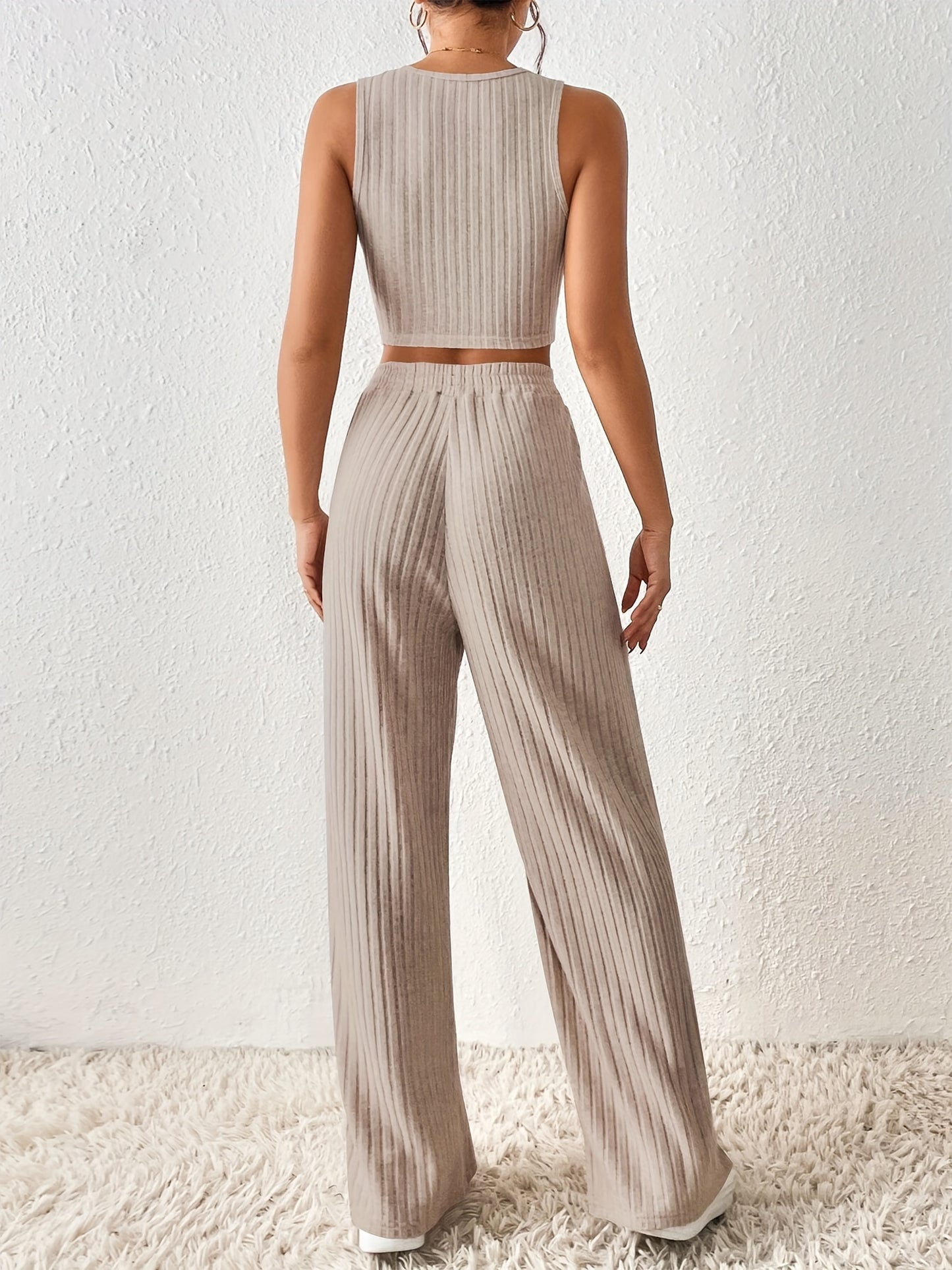 Women Two Piece Pajamas Set O Ring Solid Ribbed Knit Crop Tank Top Wide Leg Pants Set