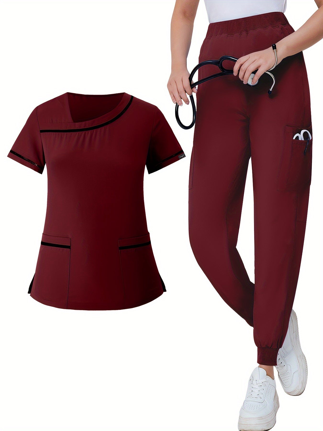 Conjunto de uniforme médico de dos piezas, color liso, bolsillos de parche funcionales, manga corta, uniforme médico cómodo para mujeres, atención médica, enfermería, ropa de hospital