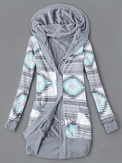 Cozy Fleece-Lined Hooded Cardigan - Geometric Print, Long Sleeve Knit Lounge Top with Pockets for Women, Perfect for Fall/Winter