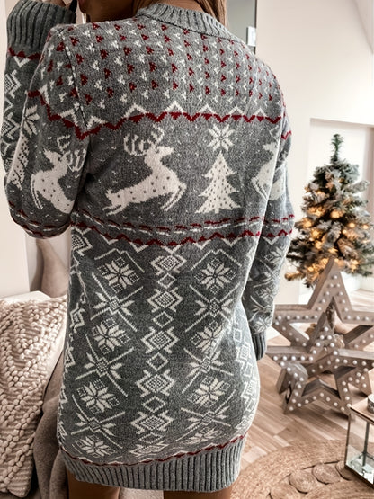 Christmas Pattern Crew Neck Pullover Sweater, Casual Long Sleeve Knitted Sweater For Fall & Winter, Women's Clothing