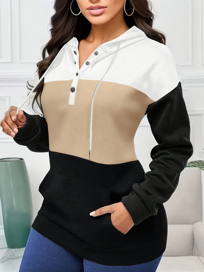 Casual Color Block Hoodie with Button Detail - Long Sleeve, Drawstring