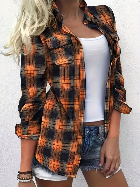 Plus Size Women's Colorblock Plaid Long Sleeve Shirt - Casual Button Front, Relaxed Fit, Soft Fabric, Easy Care - Perfect for Daily Wear, Office, or Outdoor Activities