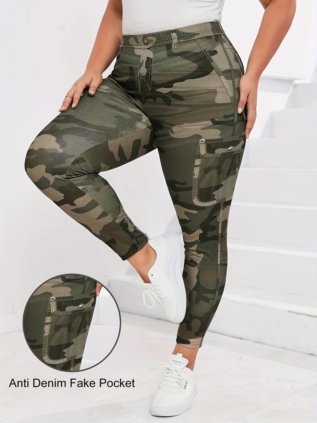 Leggings ajustados con estampado de camuflaje de talla grande y elásticos: leggings de cintura alta, cómodos, suaves y transpirables para primavera y verano: ropa de talla grande para mujeres con curvas