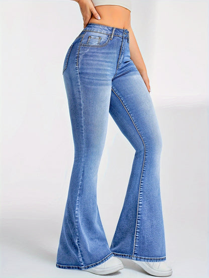 High-Waisted Flare Leg Jeans - Soft High Stretch Preppy Denim Pant - LuxyXO