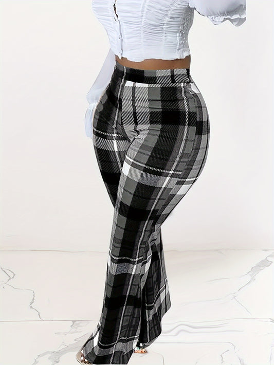 Plus Size Flared Leg Plaid Print Pants - Soft, Comfortable, and Stylish Casual Wear