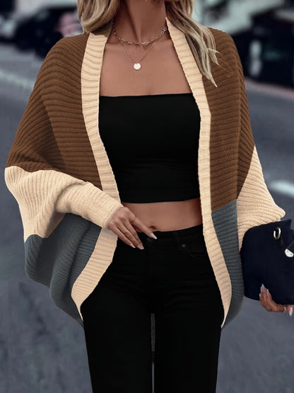 Chic Color Block Knit Cardigan - Soft Open Front Batwing Sweater