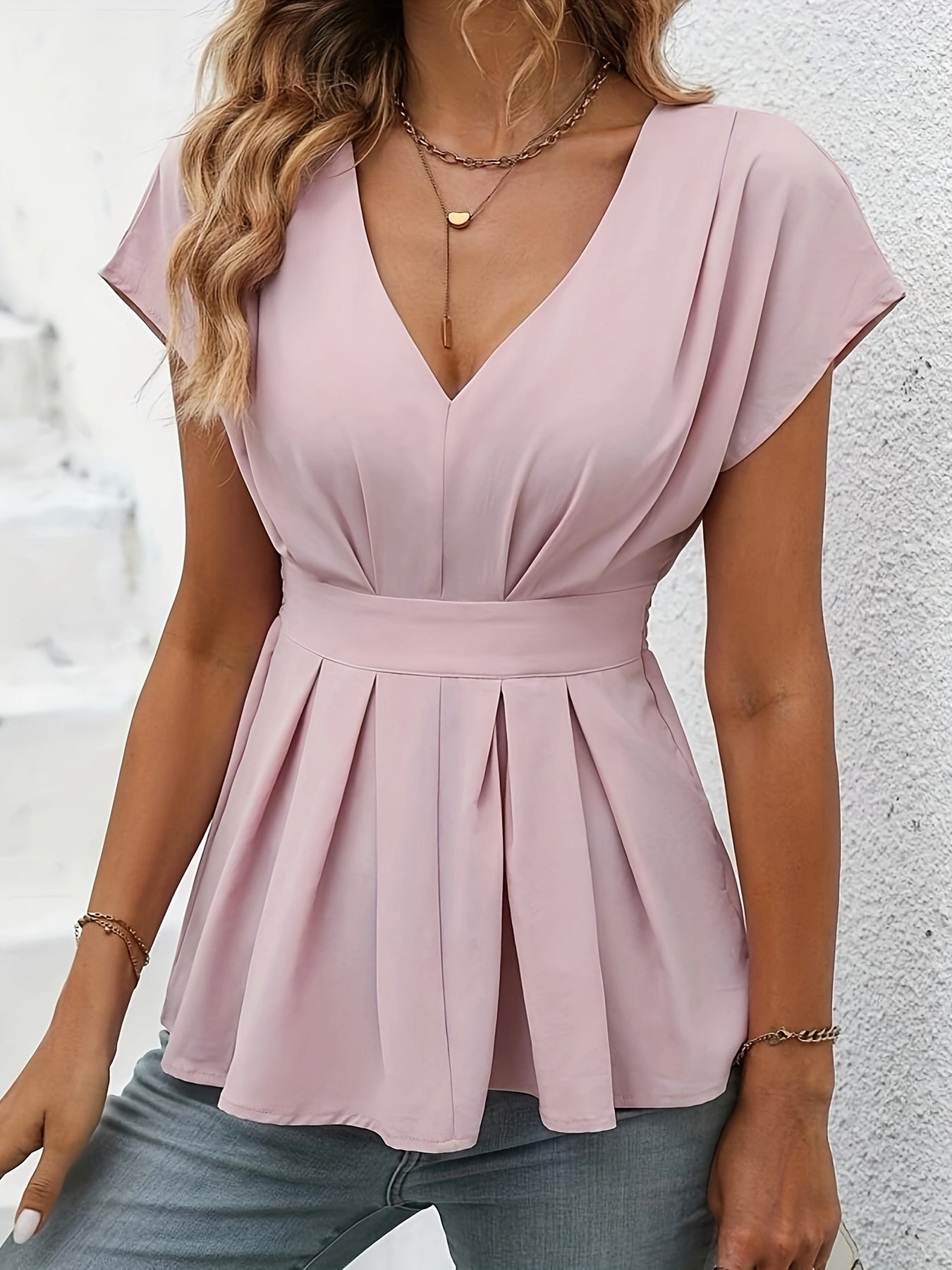 Chic V-Neck Peplum Blouse - Ruffled Hem, Cinched Waist, Elegant Design, Perfect for Spring & Summer, Women's Clothing, Casual, Office Wear