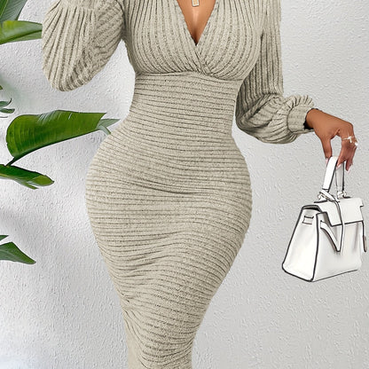 Solid Color Long Sleeve Ribbed Dress, Elegant Lapel High Waist Slim Dress, Women's Clothing