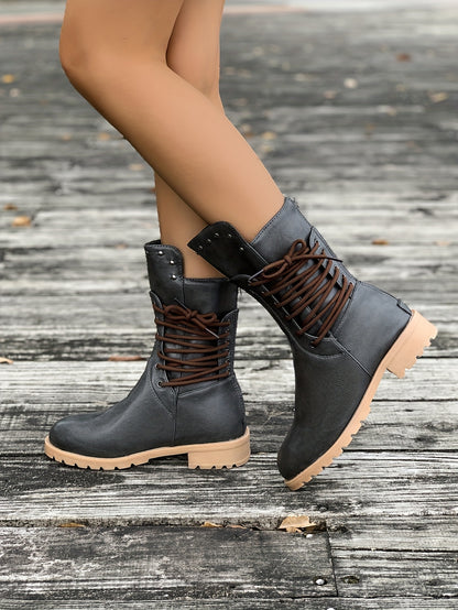 Women's Fashionable Mid-Calf Boots with Rivet Detail - Chunky Heel, Plush Lined for Winter Comfort, Side Zipper Closure