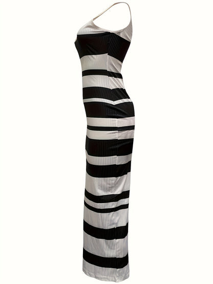 Striped V-neck Tank Dress, Sexy Sleeveless Midi Bodycon Dress