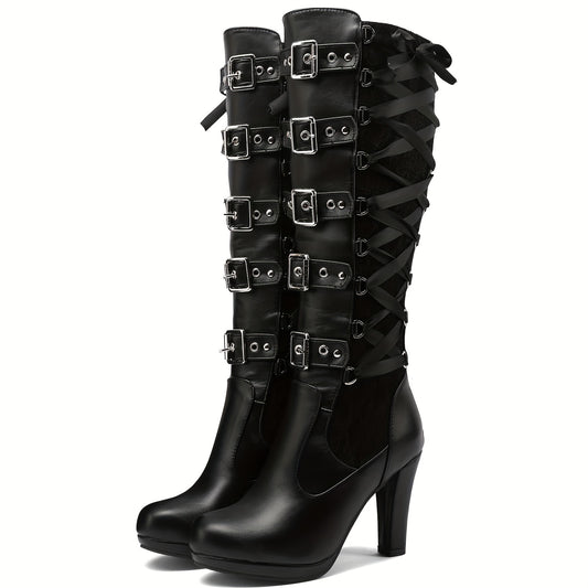 Women Goth Knee High Boots Buckle Lace Block Heel Lace Up Knee Length Boots Back Zip Punk Platform Tall Boot