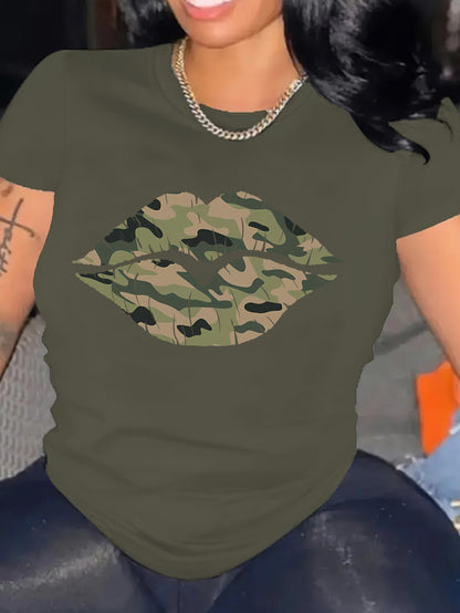 Vibrant Camo Lips Print T-Shirt