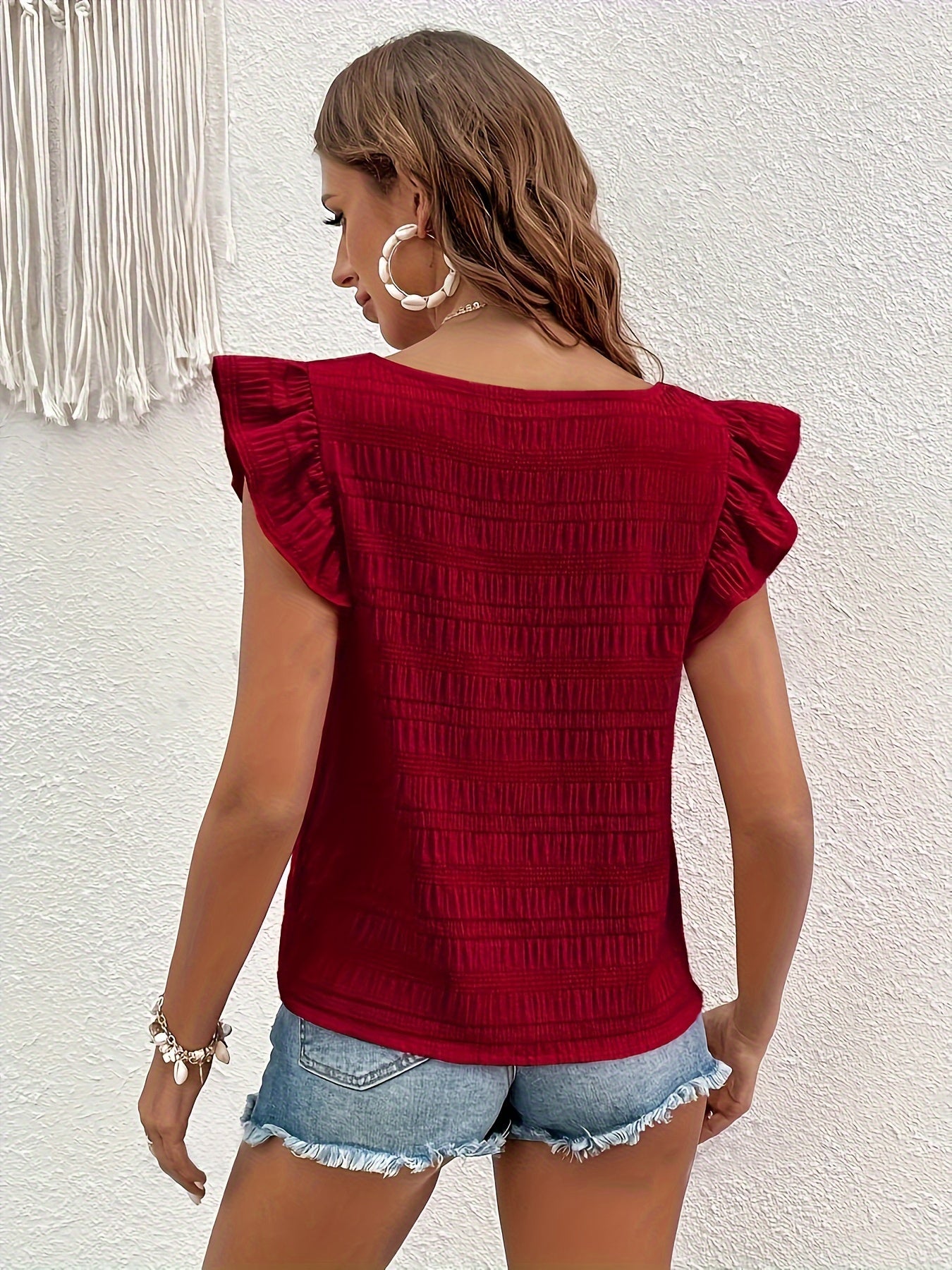 Blusa con escote cuadrado y mangas con volantes - Tono liso encantador para primavera y verano - Top informal de mujer de moda