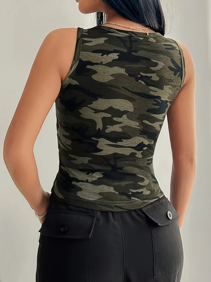 Vibrant Camo Square Neck Tank Top – Elegant Slim Fit - LuxyXO