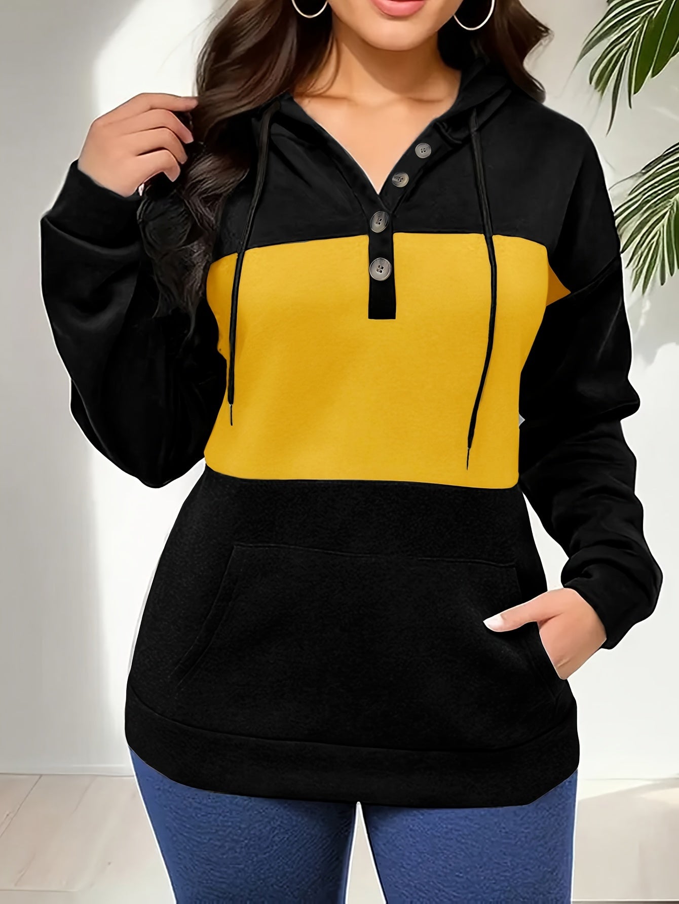 Plus Size Color Block Drawstring Hoodie, Casual Long Sleeve Kangaroo Pocket Button Front Hooded Sweatshirt