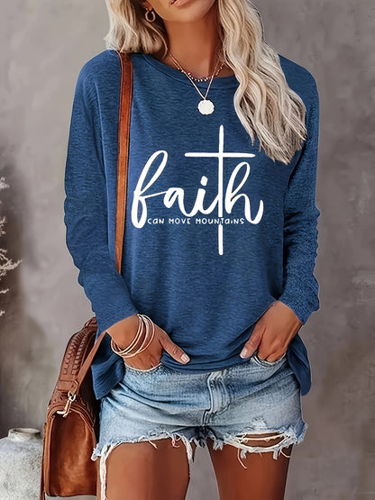 Faith-inspired Print Womens T-Shirt - Fashionable Crew Neck, Comfortable Long Sleeves for Spring & Fall - Versatile Casual Style - LuxyXO