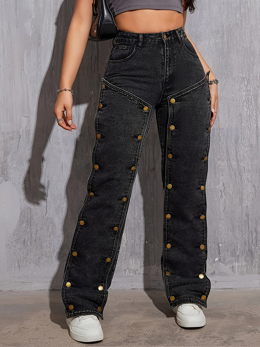 Plus size loose fit cargo denim pants with detachable buttons, high stretch fabric, streetwear design for casual fashion, women's clothing.