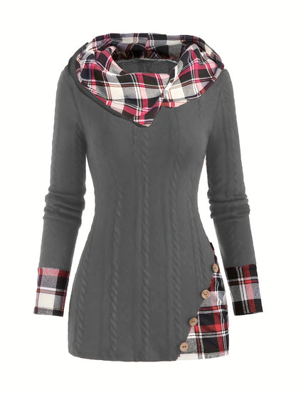 Plaid Splicing Button Decor Cable Hooded Sweater - Stylish Long Sleeve Casual Wear for Women with Decorative Button Details and Unique Splicing Design - Perfect for Everyday Fashion