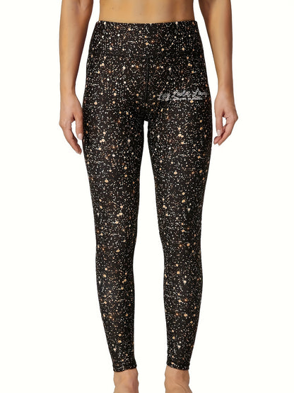 Women's High-Waist Yoga Leggings with Tummy Control, Butt Lift & Zipper Pocket - Golden Dust Print, Stretchy Activewear for All Seasons