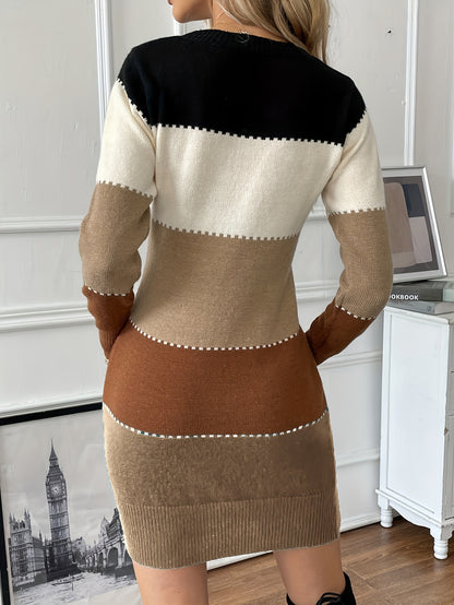 Vibrant Color Block Dress - Flattering Long Sleeves for a Chic Look, Classic Crew Neck Design for a Timeless Appeal, Sophisticated and Refined Silhouette - Perfect for Modern Women Who Appreciate Style and Comfort