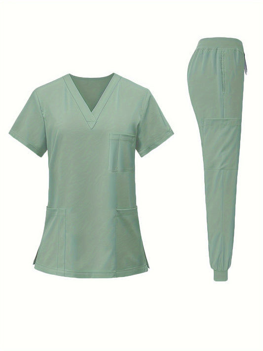 Elegant Women's Medical & Beauty Scrub Set - V-Neck, Short Sleeve with Pockets, Stretchy Polyester Blend, Machine Washable - Perfect for Doctors, Nurses, Dentists