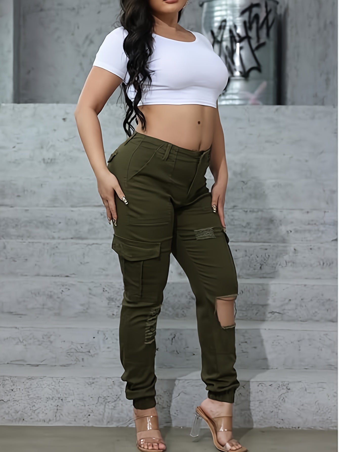 Camo Cargo Pants For Women High Waisted Camoflage Slim Fit Ripped Trousers Sweatpants With Pockets