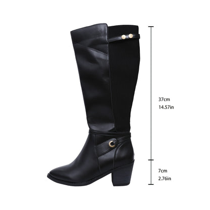 1pr Elegant Solid Color Knee-High Boots for Women, Pointed Toe Block Heel, Side Zipper Closure, Comfortable Fabric Lined, Rubber Sole, All-Season Dress Boots