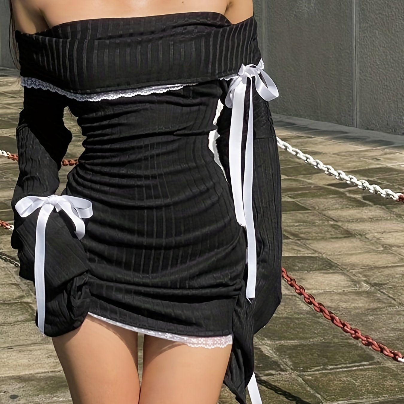 Vestido mini con lazo estilo gótico kawaii para chica coreana, dulce vestido de corte en A con ribete de encaje, estilo retro de los 00, estilo grunge, estilo Y2K, ropa de calle coqueta