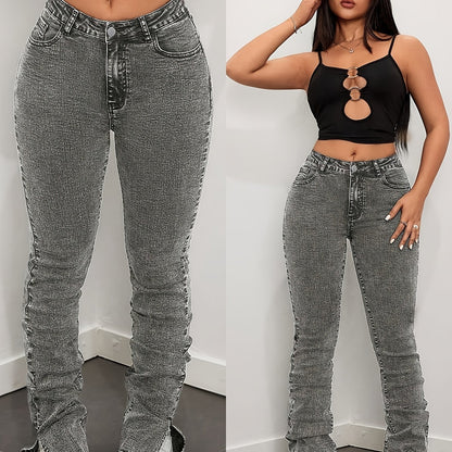 Women's Grey Stretch Denim Jeans, Mid-Rise with Frayed Hem & Side Slit, Y2K Street Style Slim Fit Fashion Pants