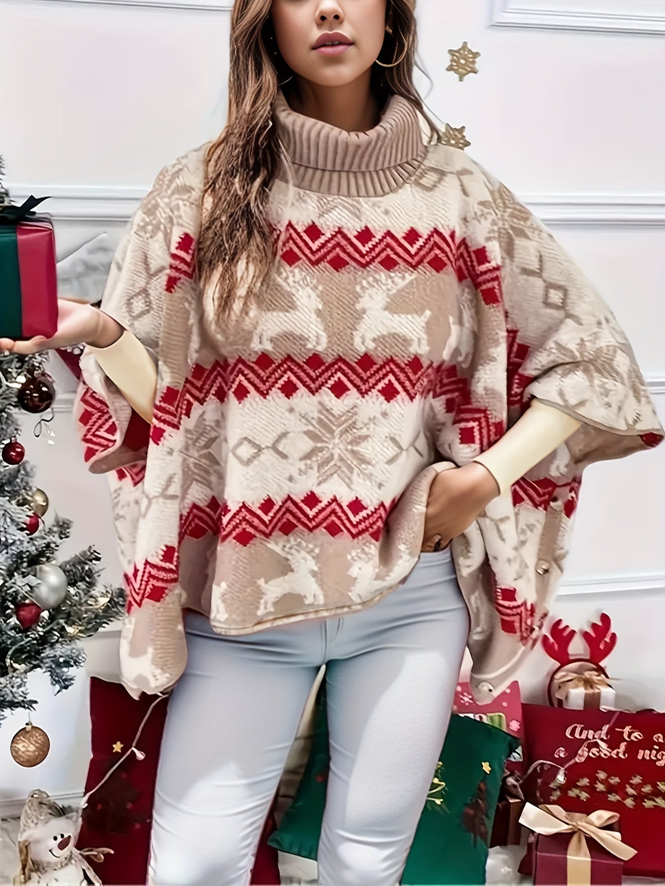 Suéter elegante de cuello alto con estampado navideño y manga larga para otoño e invierno, ropa de mujer